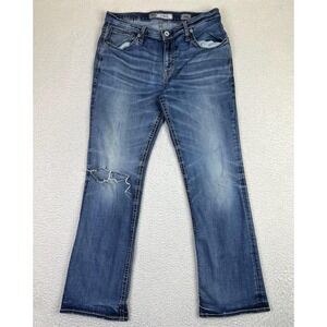 BKE Derek Jeans Mens 34R (Fits 36x31) Blue Medium Wash Straight Distressed
